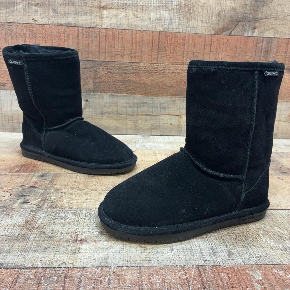 Bearpaw Boots Womens Size 8 39 Black Suede Shearling Mid Calf Pull On Winter